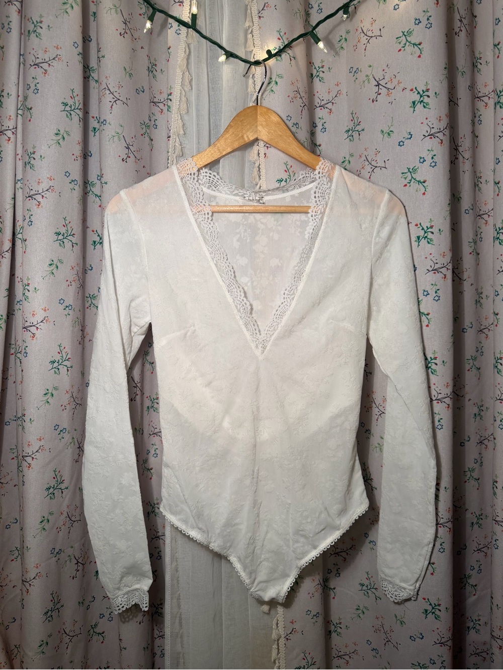 Free People Cream Lace-Trim V-Neck Long Sleeve Bodysuit